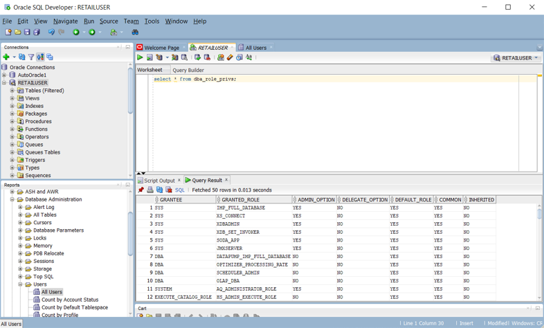 Skärmbild som visar fönstret Rapporter för användaråtkomsträttigheter i Oracle SQL Developer.