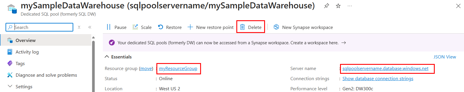 En skärmbild av Azure Portal, sidan för arbetsbelastningshantering för en dedikerad SQL-pool. Alternativet Ta bort arbetsbelastningsgrupp är markerat.