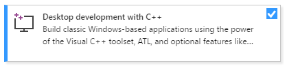 Skärmbild av skrivbordsutvecklingen med C plus plus arbetsbelastning i Visual Studio Installer.