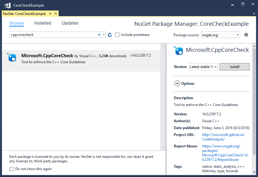 Nuget Package Manager-fönstret som visar CppCoreCheck-paketet.
