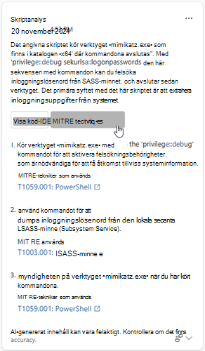 Skärmbild som markerar alternativet visa eller dölja MITRE-tekniker i skriptanalysresultatet.