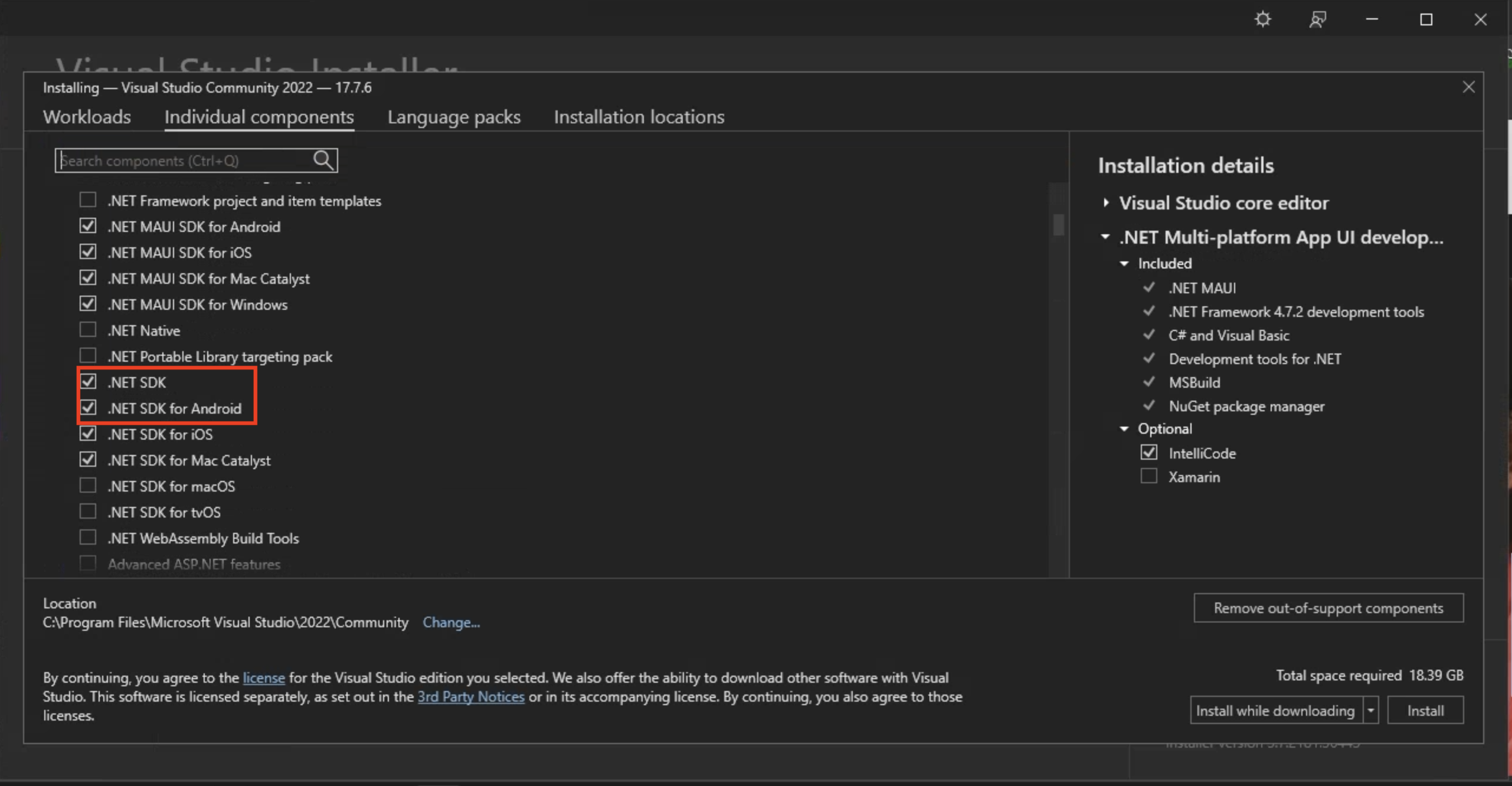 Välj .NET för Android SDK-komponent