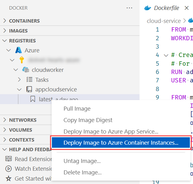 Visual Studio Code – Docker: Distribuera avbildning till Azure Container Instances