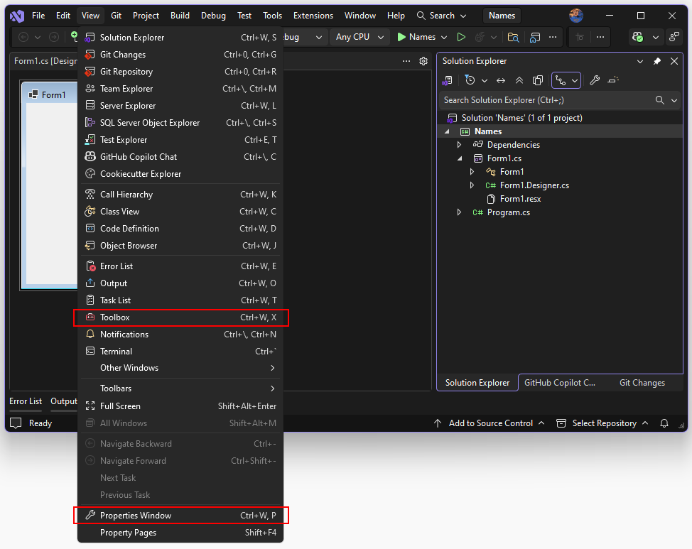 Vymenyn med både verktygslådeobjektet och egenskapsfönstret markerat i ett Visual Studio 2026 Windows Forms project.