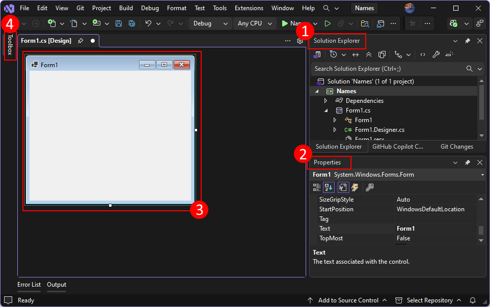 De viktiga komponenterna i Visual Studio 2026 bör du veta när du skapar ett Windows Forms projekt för .NET.