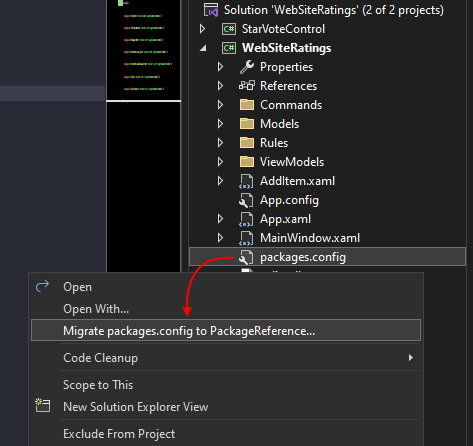 Snabbmenyn i Solution Explorer i Visual Studio och visar objektet Migrera packages.config.