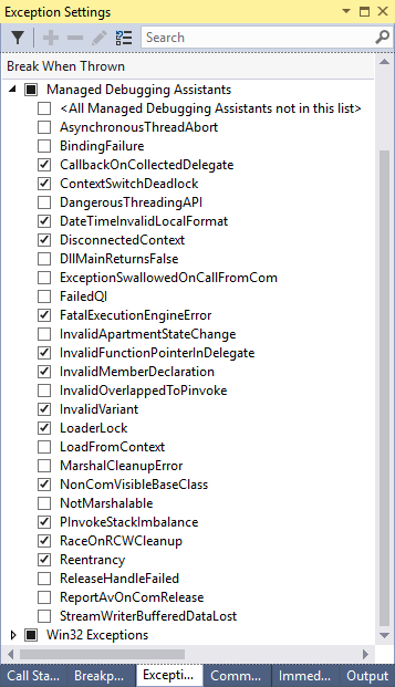 Fönstret Undantagsinställningar i Visual Studio