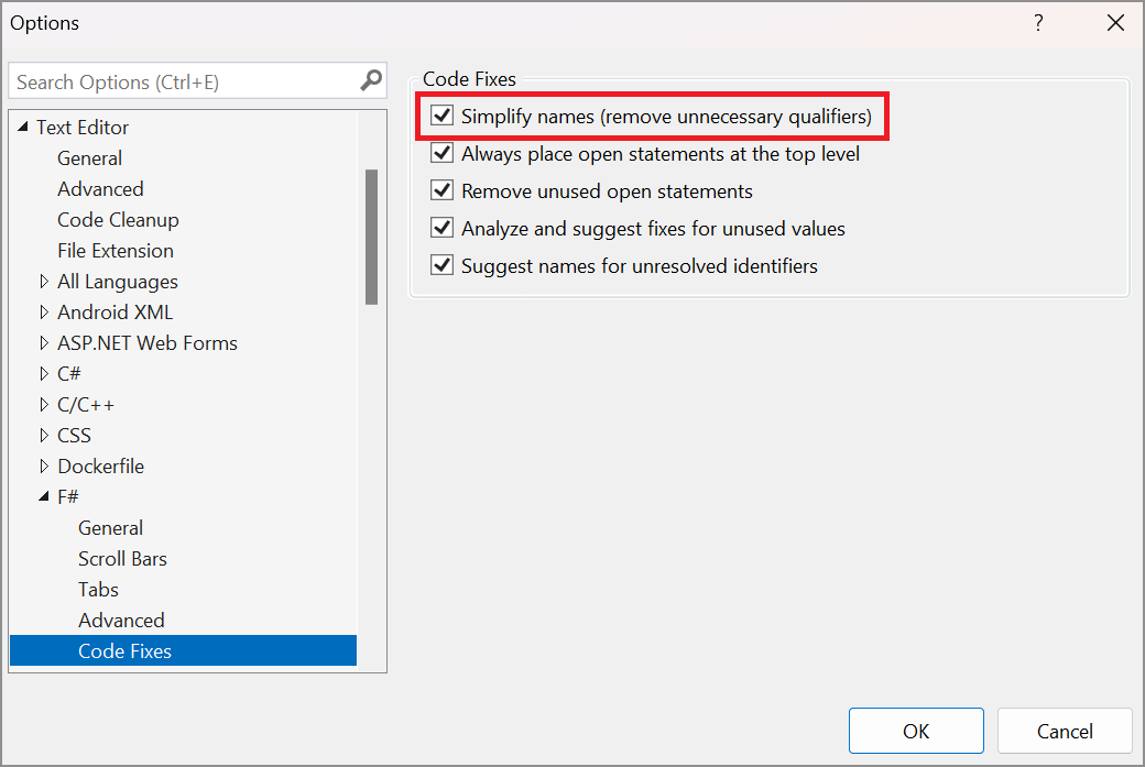 Användargränssnittet Verktyg > Alternativ i Visual Studio som visar alternativ för F#-textredigeraren.
