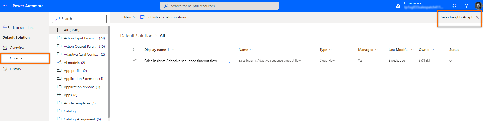 Skärmbild av sökning och val av timeout-flödet för Sales Insights Adaptive-sekvens.