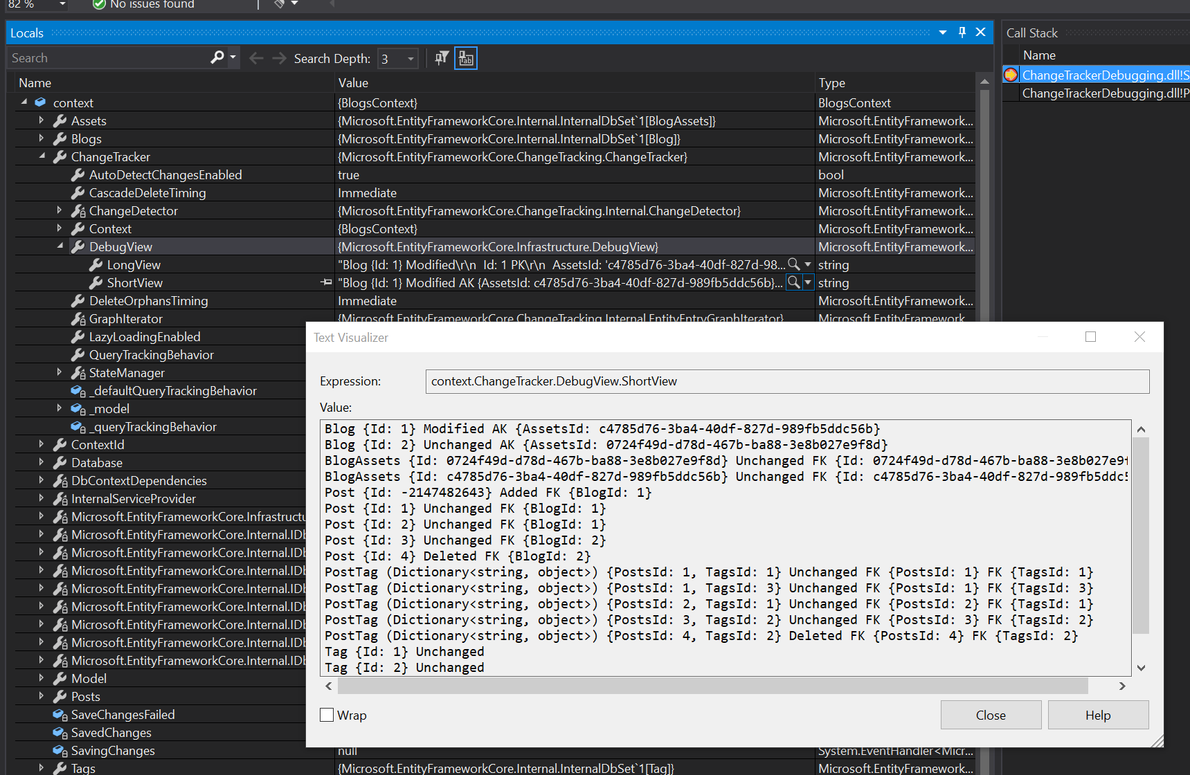 Komma åt felsökningsvyn för ändringsspåraren från Visual Studio-felsökningsprogrammet