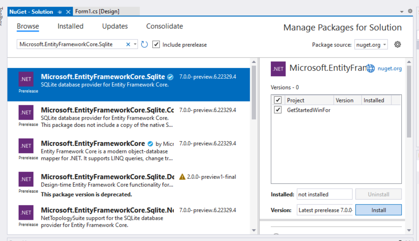 Installera paketet Microsoft.EntityFrameworkCore.Sqlite