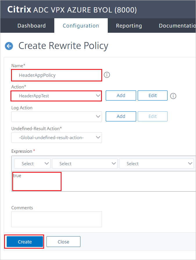 Citrix ADC-konfiguration – Skapa omskrivningsprincip-fönstret