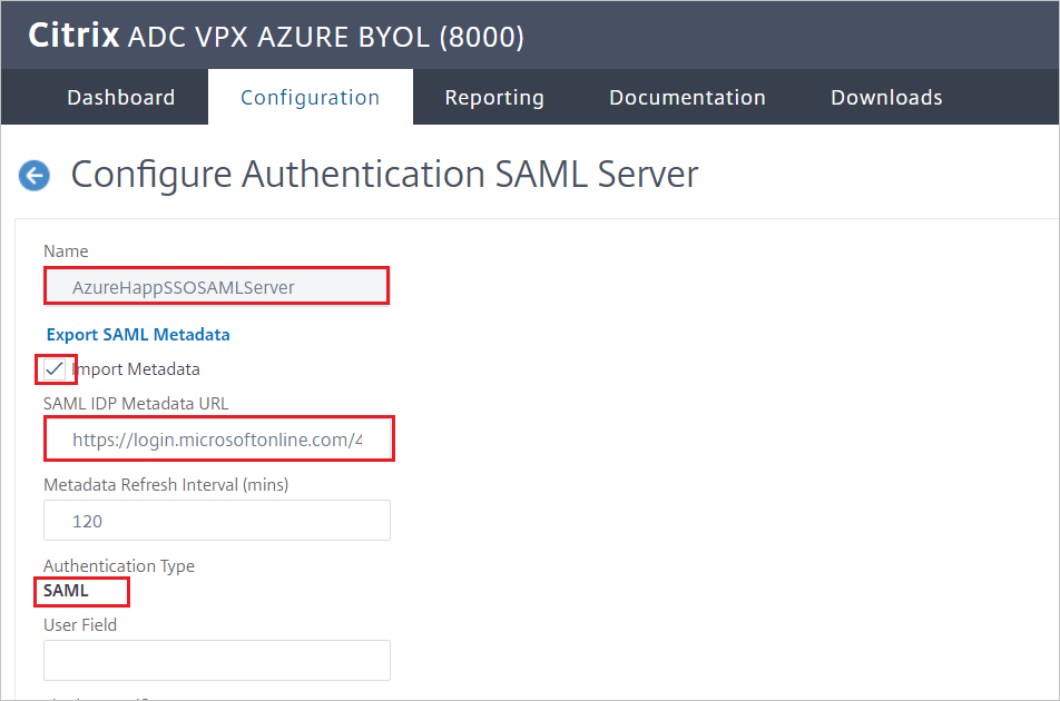 Citrix ADC-konfiguration – Fönstret Konfigurera SAML-server för autentisering
