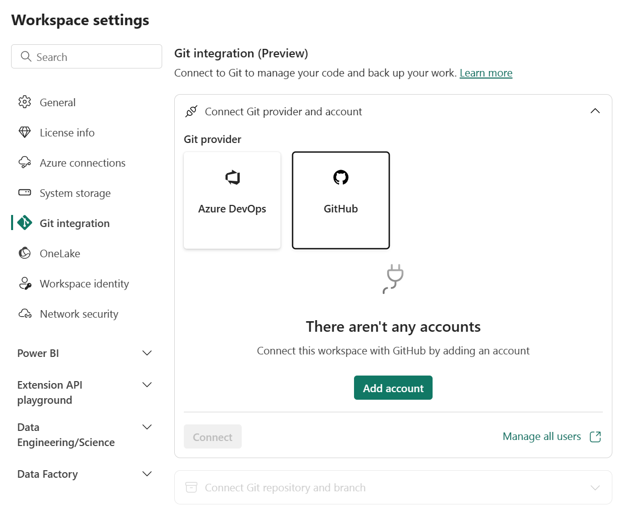 Skärmbild av GitHub integrationsfönster utan några befintliga konton att välja.