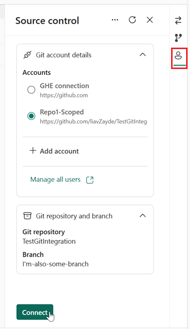 Skärmbild på fliken Konton där användaren ansluter till ett GitHub konto.
