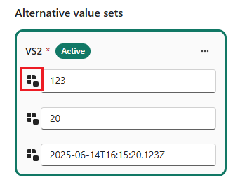 Skärmbild av ett variabelbibliotek som visar en återställningsknapp bredvid varje värde för en variabel.