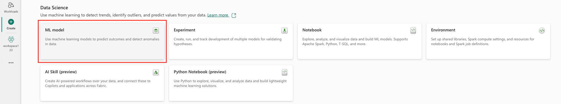 Skärmbild av menyn Skapa med alternativet ML-modell under avsnittet Data Science.