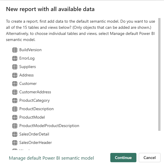 Skärmbild av den nya rapporten med alla tillgängliga datafönster.
