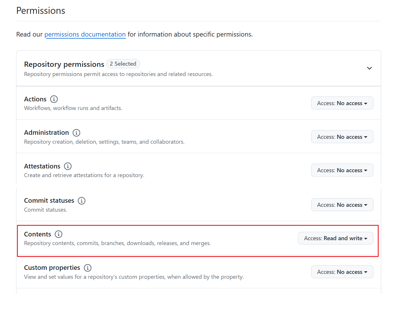 Skärmbild av GitHub tokenbehörigheter.