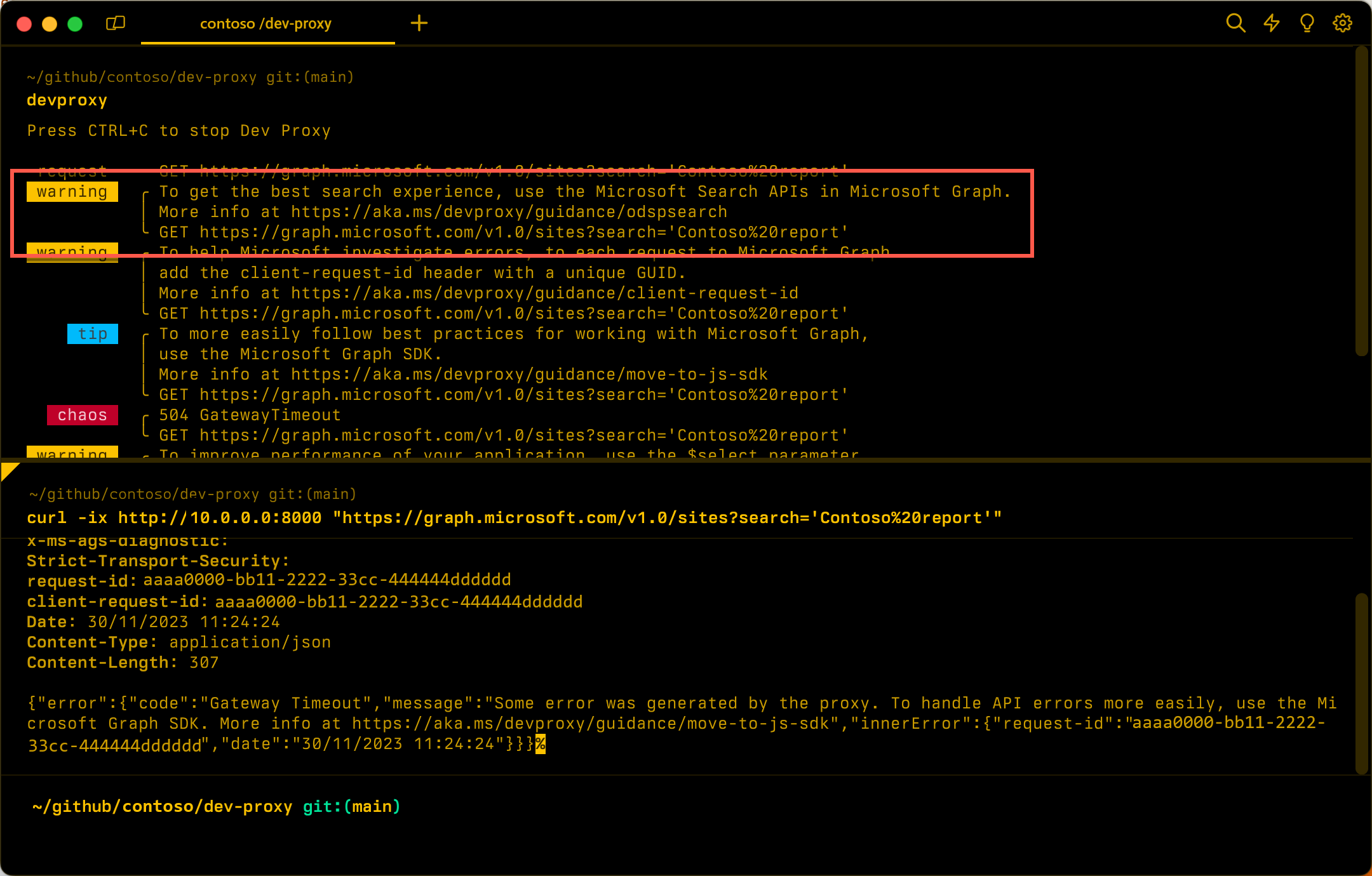 Skärmbild av Dev Proxy-varning om att använda OneDrive- och SharePoint-sök-API:er.