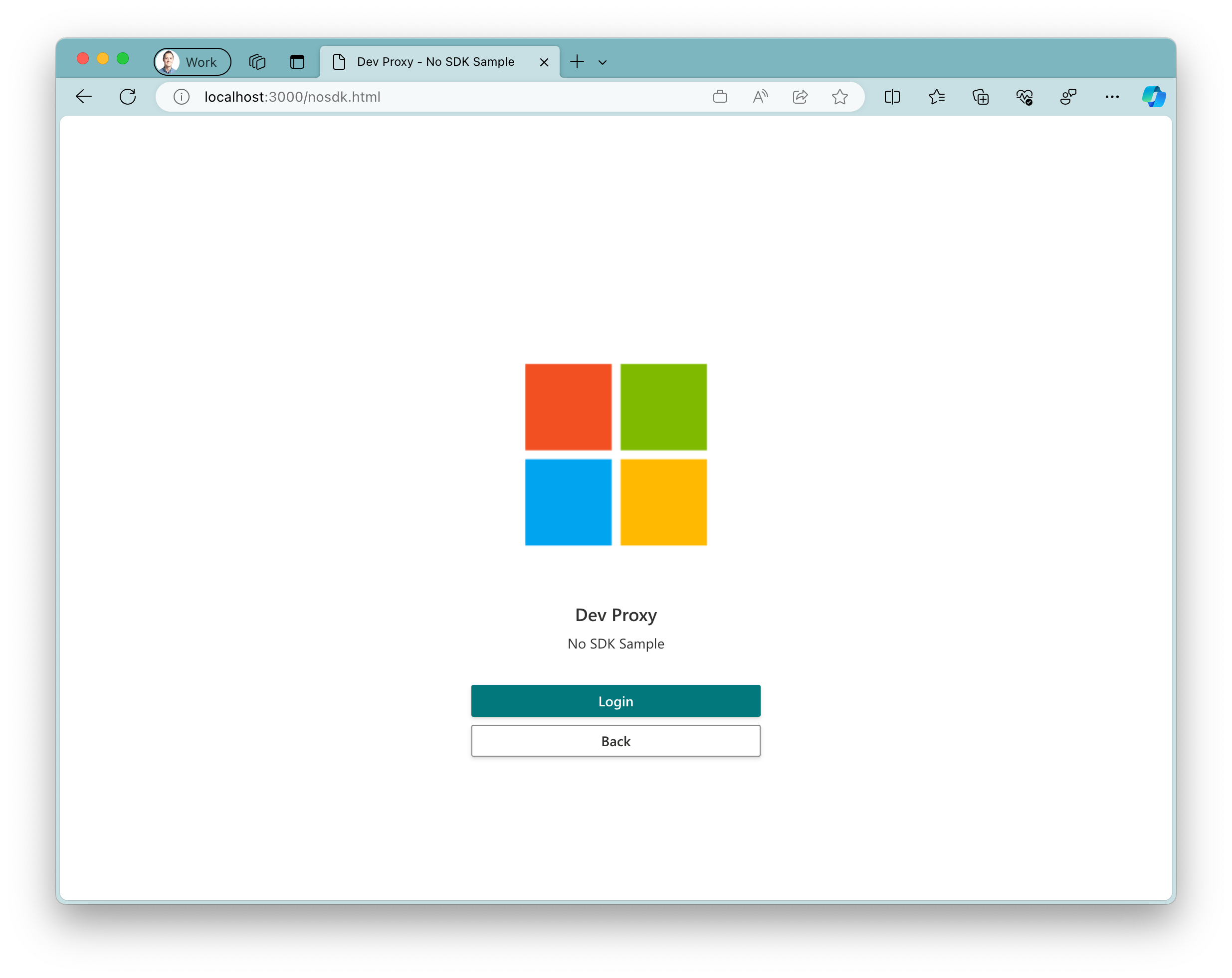 Skärmbild av exempelappen som körs i Microsoft Edge-webbläsaren i Windows 11. Appen visar en stor Microsoft-logotyp med två knappar under. En primär knapp med texten 