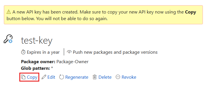Skärmbild av en nuget.org sida som visar den nya API-nyckeln, ett meddelande om att kopiera nyckeln nu och knappen Kopiera, som är markerad.