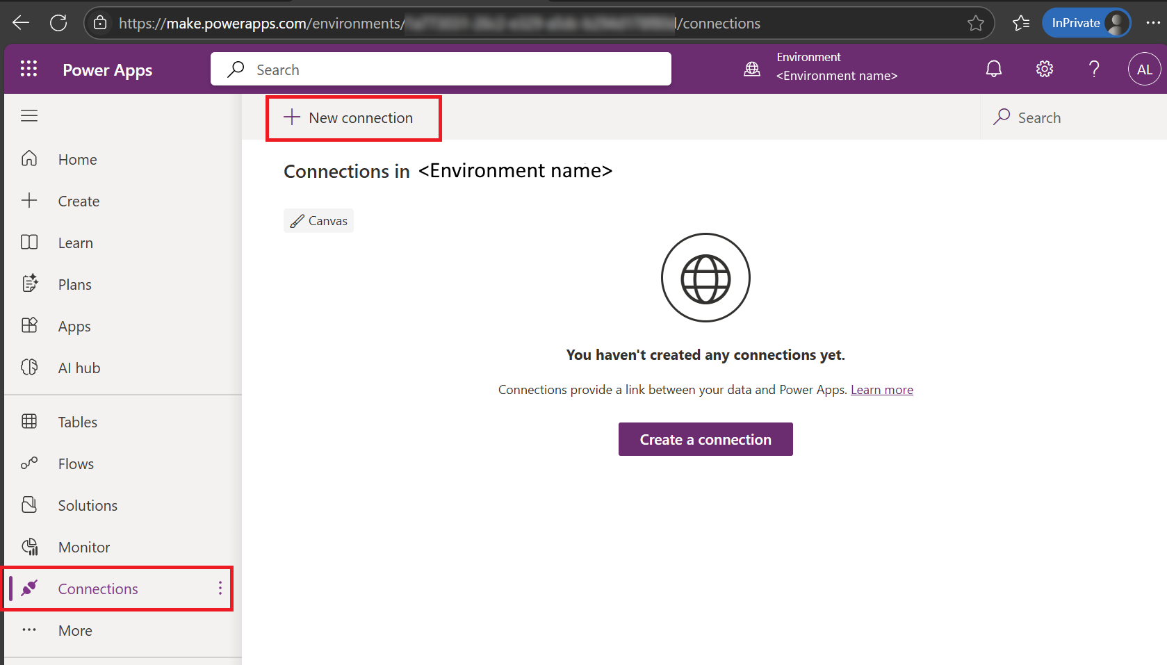 Power Apps Connections page showing New connection button