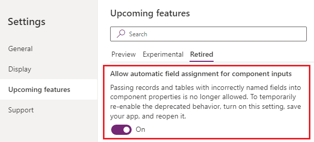 Tillåt automatisk fälttilldelning för inställning av komponentindata.
