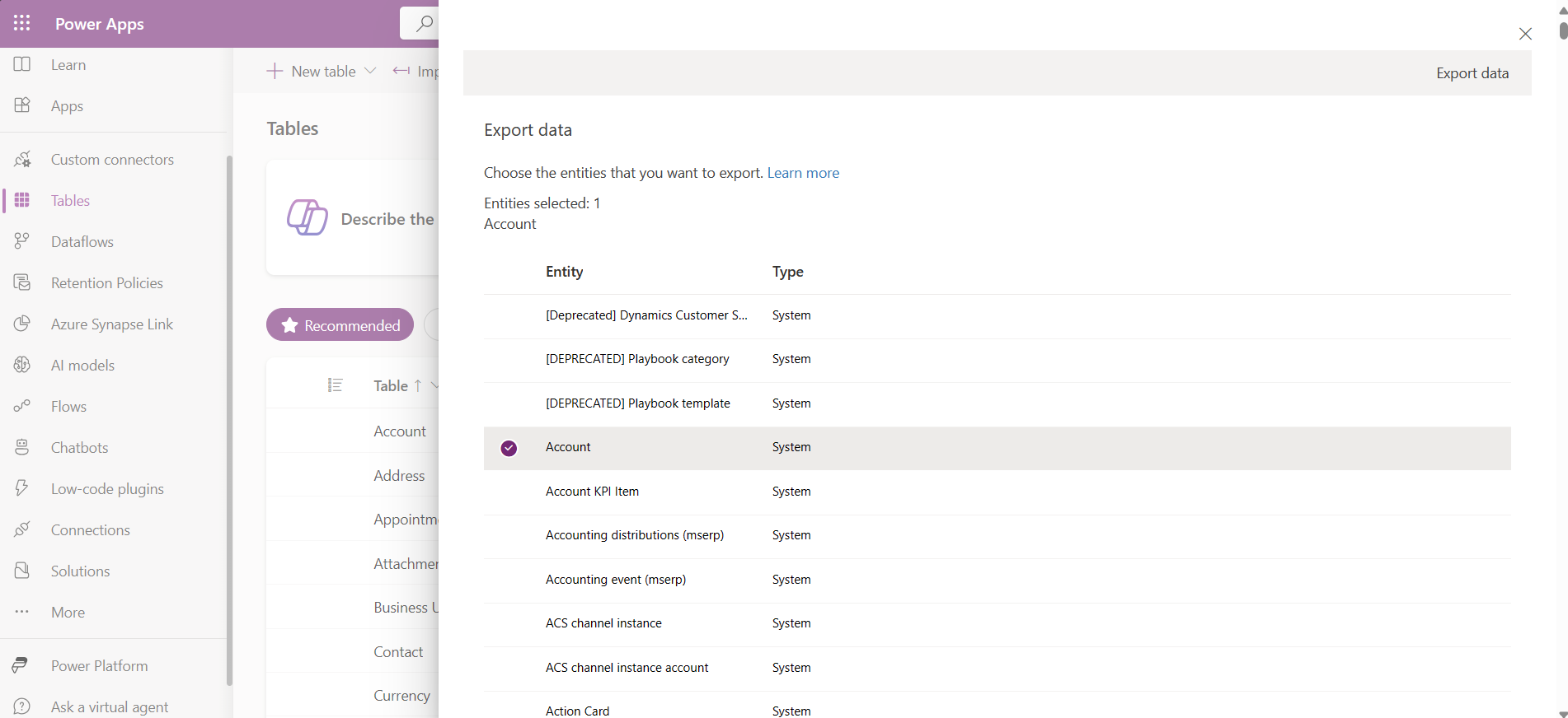 Exempel på exportera data från en konto-tabell