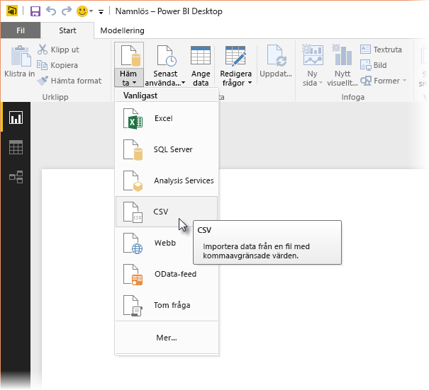 Skärmbild av menyfliksområdet Hämta data i Power BI Desktop som visar CSV-valet.