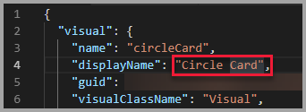 Skärmbild av VS Code, som visar att visningsnamnets värde är inställt på Cirkelkort.