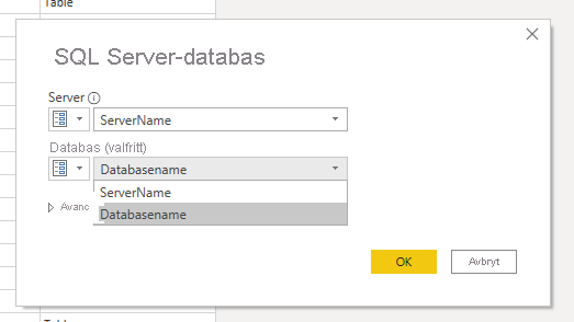 Skärmbild som visar Mappa server- och databasnamnet.