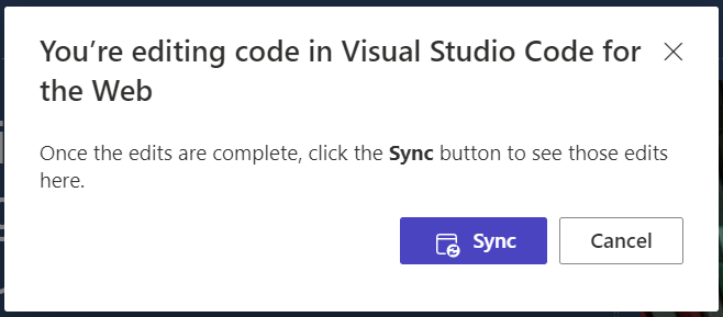 Gränssnitt som tillåter användaren att välja knappen Synkronisera för att synkronisera ändringar som gjorts i Visual Studio Code till designstudion.