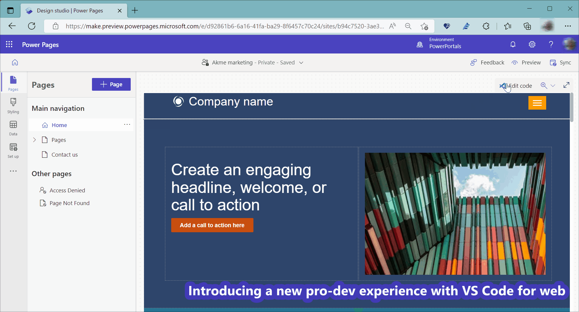 Demo av hur du använder Visual Studio Code för webben för att redigera Power Pages-webbplatsen.
