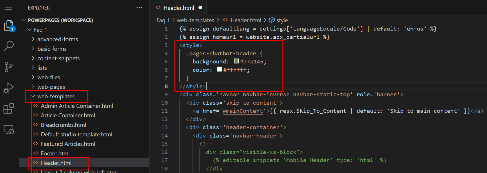 Skärmbild av Visual Studio som framhäver mappen för webbmallar, Header.html-filen och style-elementet med en CSS-väljare.