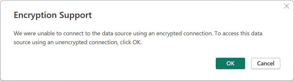 Skärmbild av sql Server-databaskrypteringsvarningen.