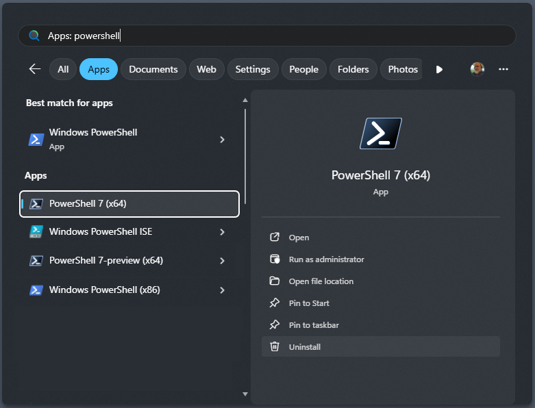 PowerShell på Start-menyn.