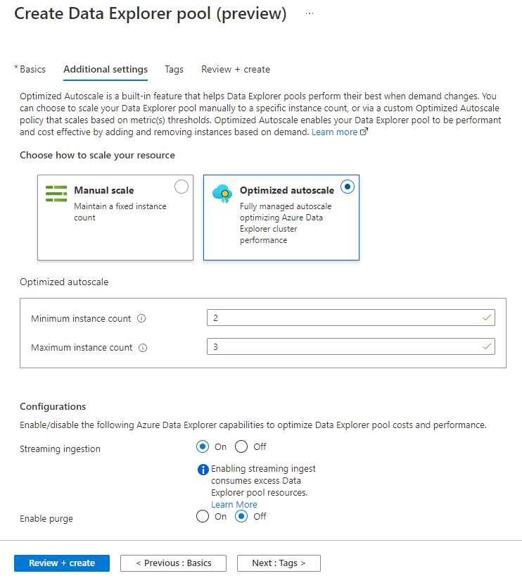 Aktivera strömmande inmatning när du skapar en Data Explorer-pool i Azure Synapse Data Explorer.