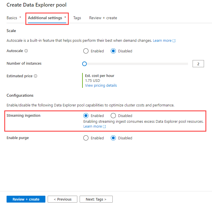 Aktivera strömmande inmatning när du skapar en Data Explorer-pool i Azure Synapse Data Explorer.