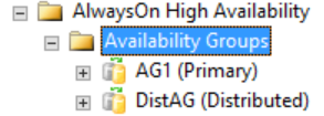 Skärmbild från SQL Server Management Studio av den primära repliken på den första WSFC för en distribuerad tillgänglighetsgrupp.
