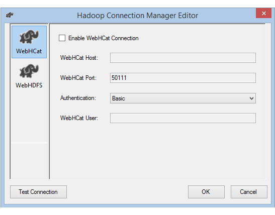 Skärmbild av Hadoop Connection Manager-redigeraren med grundläggande autentisering