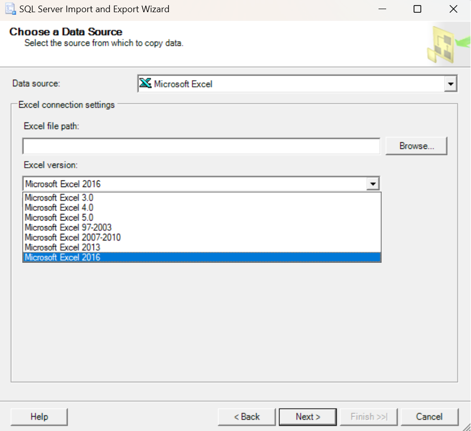 Skärmbild av guiden Importera och exportera Excel i SSMS med Microsoft Excel 2016 markerat.