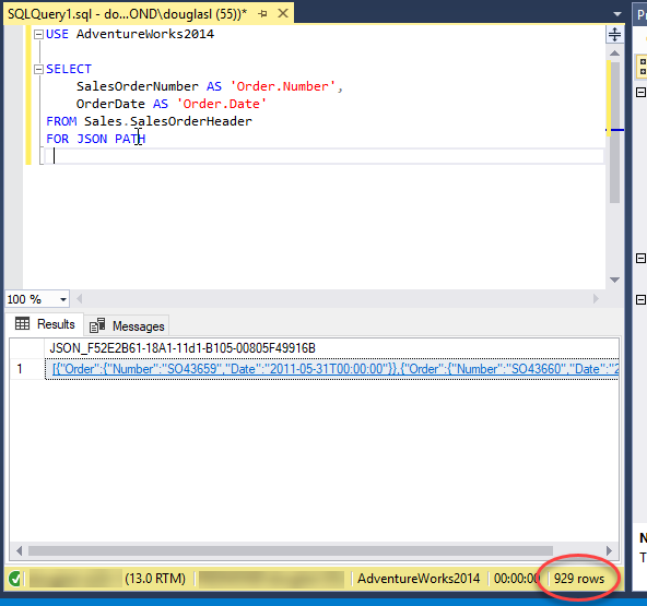 Skärmbild av FÖR JSON-utdata från SQL Server Management Studio.