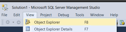 Skärmbild av Objektutforskaren på SSMS-menyn.