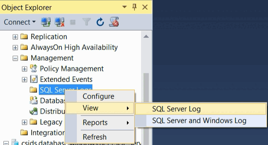 Visa SQL Server-loggen i SSMS.