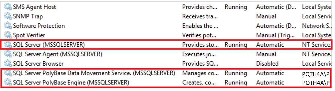 En skärmbild från SQL Server Configuration Manager som visar PolyBase-tjänsterna.