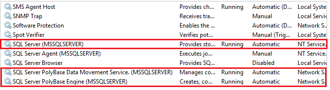 stoppa och starta PolyBase-tjänsterna i services.msc