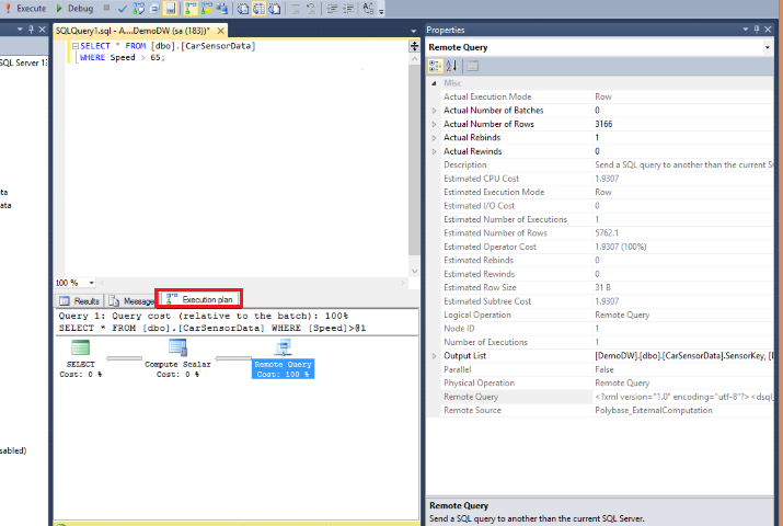 Skärmbild från SQL Server Management Studio av en PolyBase-frågekörningsplan.