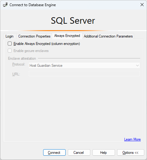 Skärmbild av SSMS-anslutningsalternativet för Always Encrypted inaktiverat.
