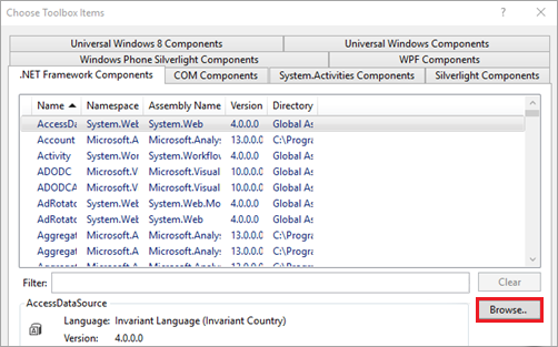 Skärmbild av Visual Studio som markerar knappen Bläddra i dialogrutan .NET Framework-komponenter.